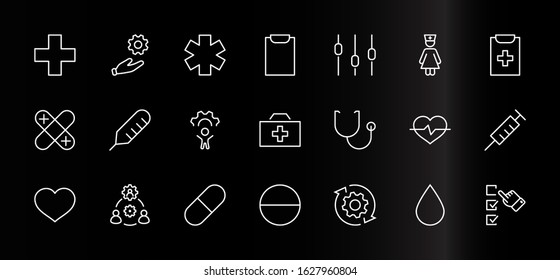 Set of Medicine vector line icons. It contains the first aid kit, nurse, syringe, thermometer, plastic, pills, heart, drop of blood, palpitation and much more. Editable Stroke. 32x32 pixels.