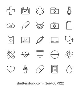 Conjunto de iconos de línea vectorial de Medicina. Contiene el kit de primeros auxilios, enfermera, jeringa, termómetro, plástico, píldoras, corazón, gota de sangre, palpitaciones y mucho más. Trazo editable. 32x32 píxeles.