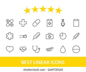 Set of Medicine vector line icons. It contains the first aid kit, nurse, syringe, thermometer, plastic, pills, heart, drop of blood, palpitation and much more. Editable Stroke. 32x32 pixels.