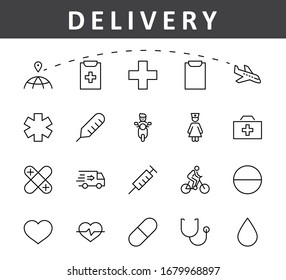 Set von Vektorillustration-Symbolen der Medizin. Es enthält das Erste-Hilfe-Kit, Krankenschwester, Spritze, Thermometer, Plastik, Tabletten, Herz, Tropfen Blut, Palpitation und vieles mehr. Bearbeitbarer Stroke. 32 x 32 Pixel.