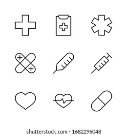 Set von Vektorillustration-Symbolen der Medizin. Es enthält das Erste-Hilfe-Kit, Krankenschwester, Spritze, Thermometer, Plastik, Tabletten, Herz, Tropfen Blut, Palpitation und vieles mehr. Bearbeitbarer Stroke. 32 x 32 Pixel.