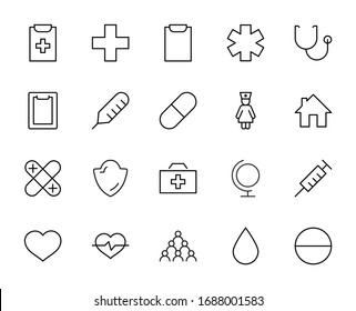 Set of Medicine vector line icons. It contains the first aid kit, nurse, syringe, thermometer, plastic, pills, heart, drop of blood, palpitation and much more. Editable Stroke. 32x32 pixels.