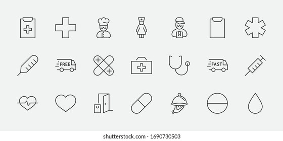 Set of Medicine vector line icons. It contains the first aid kit, nurse, syringe, thermometer, plastic, pills, heart, drop of blood, palpitation and much more. Editable Stroke. 32x32 pixels.