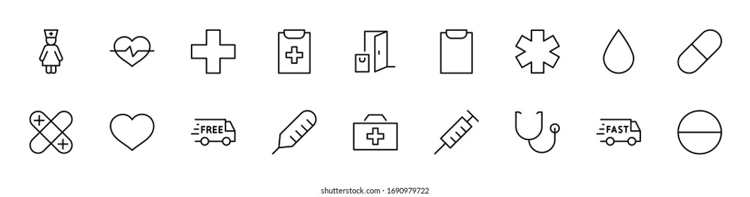 Conjunto de iconos de línea vectorial de Medicina. Contiene el kit de primeros auxilios, enfermera, jeringa, termómetro, plástico, píldoras, corazón, gota de sangre, palpitaciones y mucho más. Trazo editable. 32x32 píxeles.