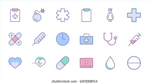 Conjunto de iconos de línea vectorial de Medicina. Contiene el kit de primeros auxilios, enfermera, jeringa, termómetro, plástico, píldoras, corazón, gota de sangre, palpitaciones y mucho más. Trazo editable. 32x32 píxeles.