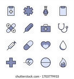 Set of Medicine vector line icons. It contains the first aid kit, nurse, syringe, thermometer, plastic, pills, heart, drop of blood, palpitation and much more. Editable Stroke. 32x32 pixels.