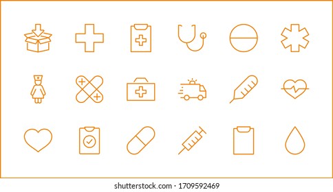Set of Medicine vector line icons. It contains the first aid kit, nurse, syringe, thermometer, plastic, pills, heart, drop of blood, palpitation and much more. Editable Stroke. 32x32 pixels.