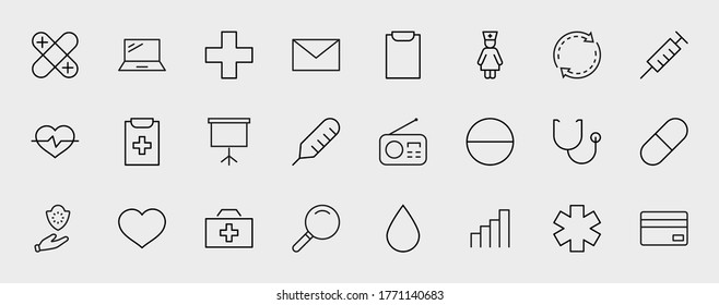 Set of Medicine vector line icons. It contains the first aid kit, nurse, syringe, thermometer, plastic, pills, heart, drop of blood, palpitation and much more. Editable Stroke. 32x32 pixels.