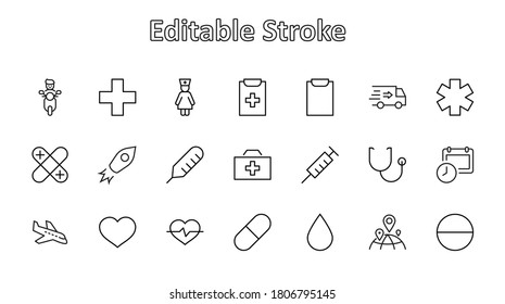 Set of Medicine vector line icons. It contains the first aid kit, nurse, syringe, thermometer, plastic, pills, heart, drop of blood, palpitation and much more. Editable Stroke. 32x32 pixels.