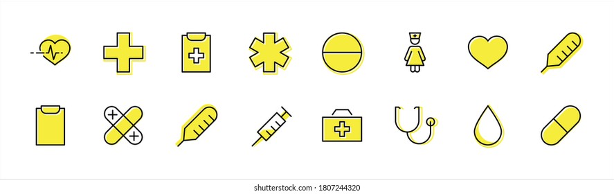 Set of Medicine vector line icons. It contains the first aid kit, nurse, syringe, thermometer, plastic, pills, heart, drop of blood, palpitation and much more. Editable Stroke. 32x32 pixels.