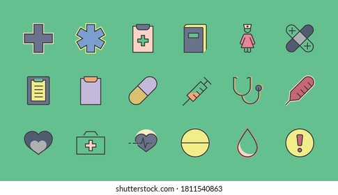 Set of Medicine vector line icons. It contains the first aid kit, nurse, syringe, thermometer, plastic, pills, heart, drop of blood, palpitation and much more. Editable Stroke. 32x32 pixels.