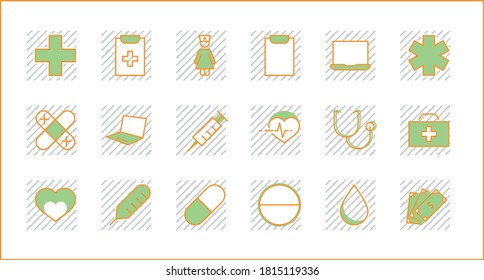 Set of Medicine vector line icons. It contains the first aid kit, nurse, syringe, thermometer, plastic, pills, heart, drop of blood, palpitation and much more. Editable Stroke. .