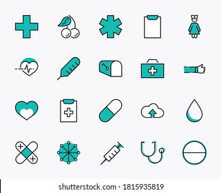 Set of Medicine vector line icons. It contains the first aid kit, nurse, syringe, thermometer, plastic, pills, heart, drop of blood, palpitation and much more. Editable Stroke. 32x32 pixels.
