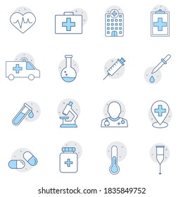 Set von medizinischen Vektorgrafik-Symbolen. Es enthält das Erste-Hilfe-Kit, Krankenschwester, Spritze, Thermometer, Plastik, Tabletten, Herz, Palpitation und vieles mehr. Premium-Symbole einzeln auf weißem Hintergrund.