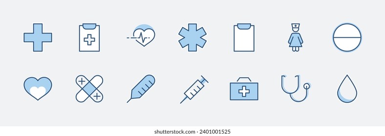 Set von Medicine Vektorgrafik-Symbole. Es enthält das Erste-Hilfe-Kit, Krankenschwester, Spritze, Thermometer, Plastik, Tabletten, Herz, Tropfen Blut, Palpitation und vieles mehr. Bearbeitbarer Stroke. 32 x 32 Pixel.