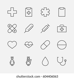 Set of medicine vector line icons. It contains the first aid kit, nurse, syringe, thermometer, plastic, pills, heart, drop of blood, palpitation and much more. 32x32 pixels.