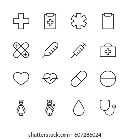 Set of medicine vector line icons. It contains the first aid kit, nurse, syringe, thermometer, plastic, pills, heart, drop of blood, palpitation and much more. Editable move. 32x32 pixels.