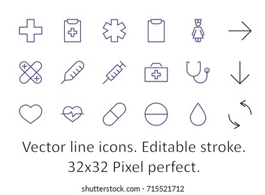 Conjunto de iconos vectoriales de medicina. Contiene el kit de primeros auxilios, enfermera, jeringa, termómetro, plástico, píldoras, corazón, gota de sangre, palpitaciones y mucho más. Movimiento editable. 32x32 píxeles.