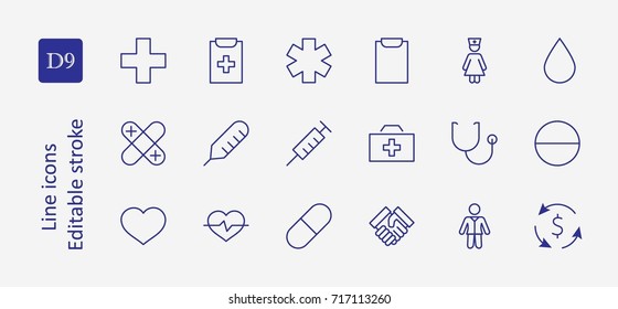 Set of medicine vector line icons. It contains the first aid kit, nurse, syringe, thermometer, plastic, pills, heart, drop of blood, palpitation and much more. Editable move. 32x32 pixels.