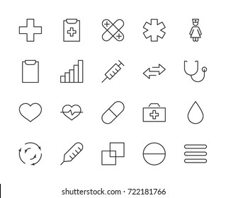 Set of medicine vector line icons. It contains the first aid kit, nurse, syringe, thermometer, plastic, pills, heart, drop of blood, palpitation and much more. Editable move. 32x32 pixels.