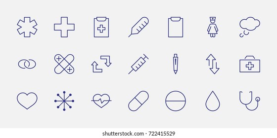Set of medicine vector line icons. It contains the first aid kit, nurse, syringe, thermometer, plastic, pills, heart, drop of blood, palpitation and much more. Editable move. 32x32 pixels.