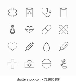 Set of medicine vector line icons. It contains the first aid kit, nurse, syringe, thermometer, plastic, pills, heart, drop of blood, palpitation and much more. Editable move. 32x32 pixels.