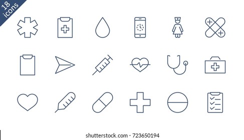 Set of medicine vector line icons. It contains the first aid kit, nurse, syringe, thermometer, plastic, pills, heart, drop of blood, palpitation and much more. Editable move. 32x32 pixels.