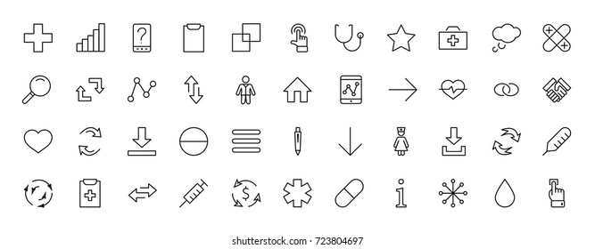 Set of medicine vector line icons. It contains the first aid kit, nurse, syringe, thermometer, plastic, pills, heart, drop of blood, palpitation and much more. Editable move. 32x32 pixels.