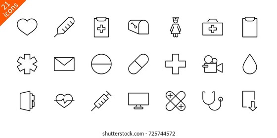 Set of medicine vector line icons. It contains the first aid kit, nurse, syringe, thermometer, plastic, pills, heart, drop of blood, palpitation and much more. Editable move. 
