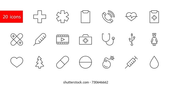 Set of medicine vector line icons. It contains the first aid kit, nurse, syringe, thermometer, plastic, pills, heart, drop of blood, palpitation and much more. Editable move. 32x32 pixels.