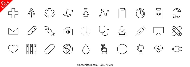Set of medicine vector line icons. It contains the first aid kit, nurse, syringe, thermometer, plastic, pills, heart, drop of blood, palpitation and much more. Editable move. 32x32 pixels.