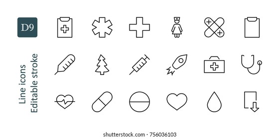 Set of medicine vector line icons. It contains the first aid kit, nurse, syringe, thermometer, plastic, pills, heart, drop of blood, palpitation and much more. Editable move. 32x32 pixels.