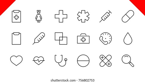 Set of medicine vector line icons. It contains the first aid kit, nurse, syringe, thermometer, plastic, pills, heart, drop of blood, palpitation and much more. Editable move. 32x32 pixels.