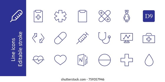 Set of medicine vector line icons. It contains the first aid kit, nurse, syringe, thermometer, plastic, pills, heart, drop of blood, palpitation and much more. Editable move. 32x32 pixels.