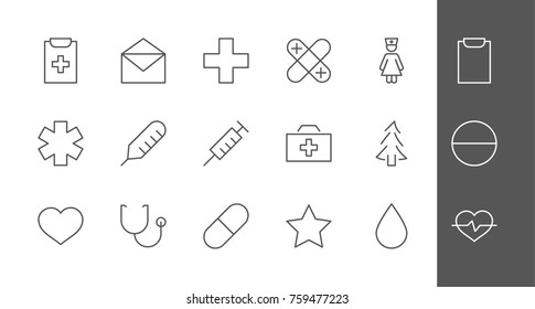 Set of medicine vector line icons. It contains the first aid kit, nurse, syringe, thermometer, plastic, pills, heart, drop of blood, palpitation and much more. Editable move. 32x32 pixels.