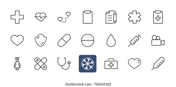 Set of medicine vector line icons. It contains the first aid kit, nurse, syringe, thermometer, plastic, pills, heart, drop of blood, palpitation and much more. Editable move. 32x32 pixels.
