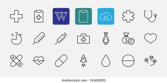 Set of medicine vector line icons. It contains the first aid kit, nurse, syringe, thermometer, plastic, pills, heart, drop of blood, palpitation and much more. Editable move. 32x32 pixels.