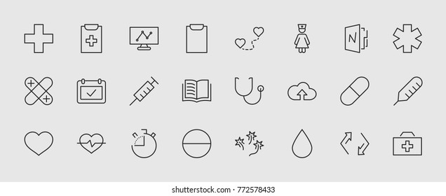 Set of medicine vector line icons. It contains the first aid kit, nurse, syringe, thermometer, plastic, pills, heart, drop of blood, palpitation and much more. Editable move. 32x32 pixels.