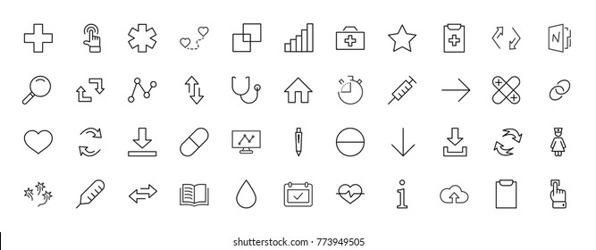 Set of medicine vector line icons. It contains the first aid kit, nurse, syringe, thermometer, plastic, pills, heart, drop of blood, palpitation and much more. Editable move. 32x32 pixels.