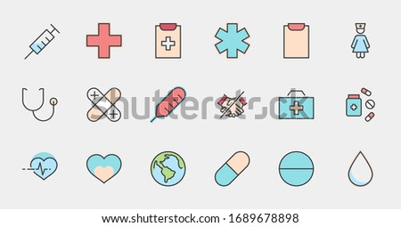 Set of Medicine vector line icons. It contains the first aid kit, nurse, syringe, thermometer, plastic, pills, heart, drop of blood, palpitation and much more. Editable Stroke. 32x32 pixels.