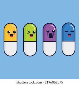 a set of medicine or vitamins, pills vector illustration in cute cartoon style