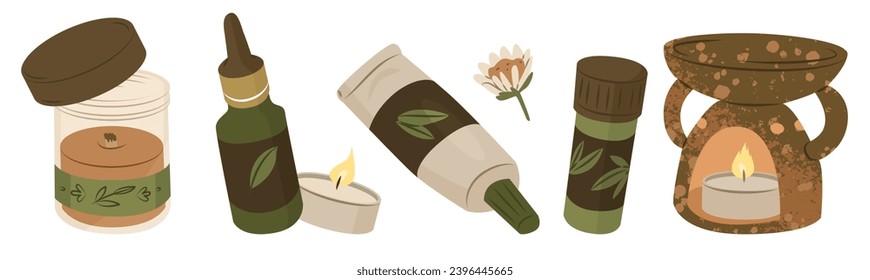 A set of medicines and accessories for aromatherapy. Caring for physical and psychological health. Esoteric cosmetology. Vector illustration.