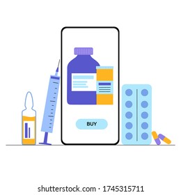 Arzneimittelset auf dem Smartphone. Flachvektor Illustration, medizinisches Poster und Banner. Online-Klinik und Pharmazie-Konzept. Bestellen und kaufen Sie Pillen in einem Remote-Internet-Drogerie-Geschäft.