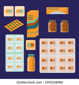Set of medicines. Blister packaging of tablets and capsules, vials. Pain relievers, antibiotics, vitamins and aspirin in the pharmacy. Large selection of medicines. Isolated elements. Vector 