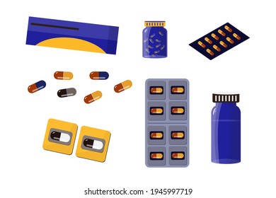 Set of medicines. Blister packaging of tablets and capsules, vials. Pain relievers, antibiotics, vitamins and aspirin in the pharmacy. Large selection of medicines. Isolated elements. Vector 