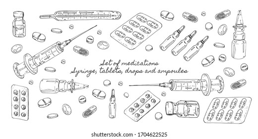 A set of medicines, drops and tablets. Medical supplies: a syringe and a thermometer. Freehand drawing in vector format. 