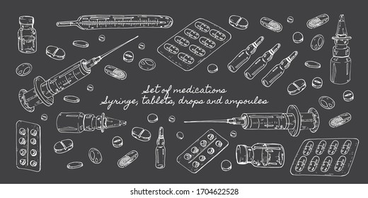 A set of medicines, drops and tablets. Medical supplies: a syringe and a thermometer. Freehand drawing in vector format. 