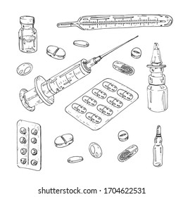 A set of medicines, drops and tablets. Medical supplies: a syringe and a thermometer. Freehand drawing in vector format. 