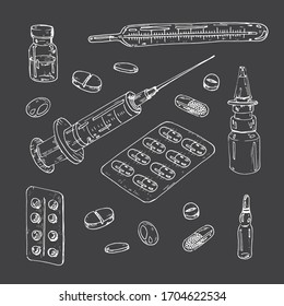 A set of medicines, drops and tablets. Medical supplies: a syringe and a thermometer. Freehand drawing in vector format. 