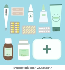 Set of medicines. First aid kit. Flat style. Vector illustration 